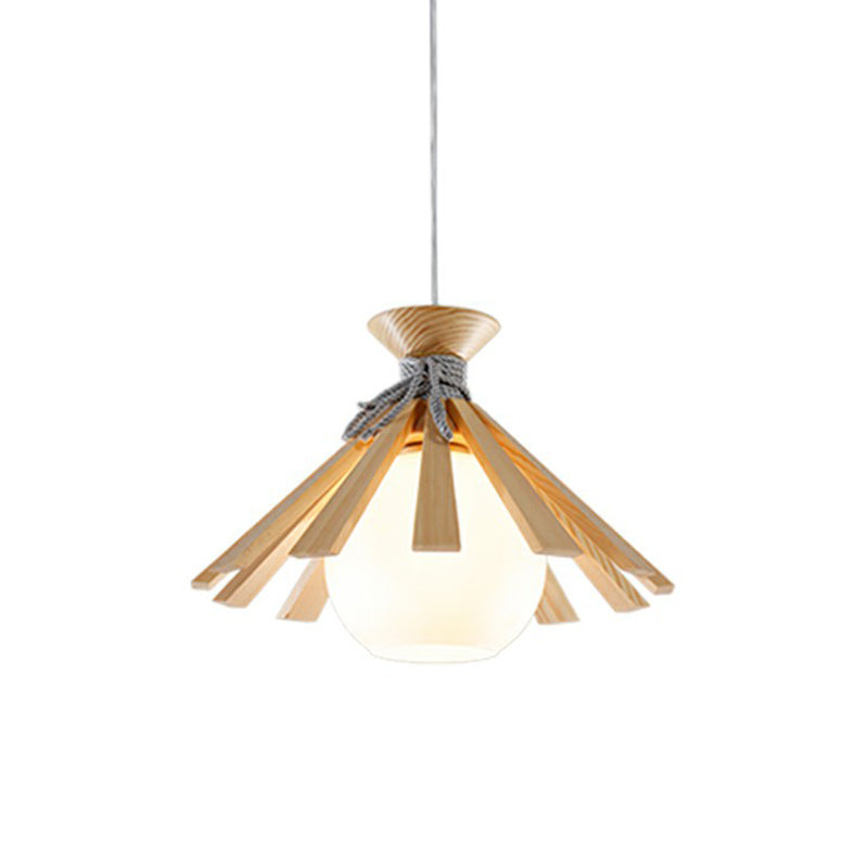 Modern Conical Wood Pendant Light Kit - 1-Light Down Lighting With White Dome Glass Shade
