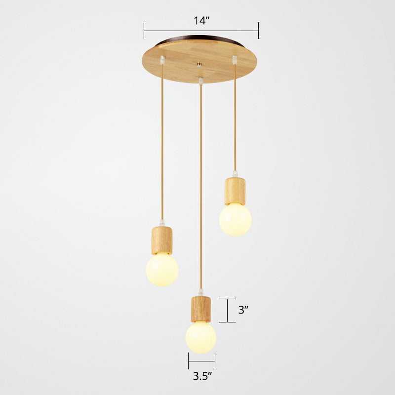 Minimalist Wooden Pendant Lamp with 3 Beige Suspension Lights - Contemporary Bare Bulb Fixture