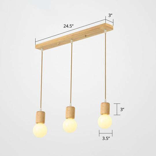 Minimalist Wooden Pendant Lamp with 3 Beige Suspension Lights - Contemporary Bare Bulb Fixture