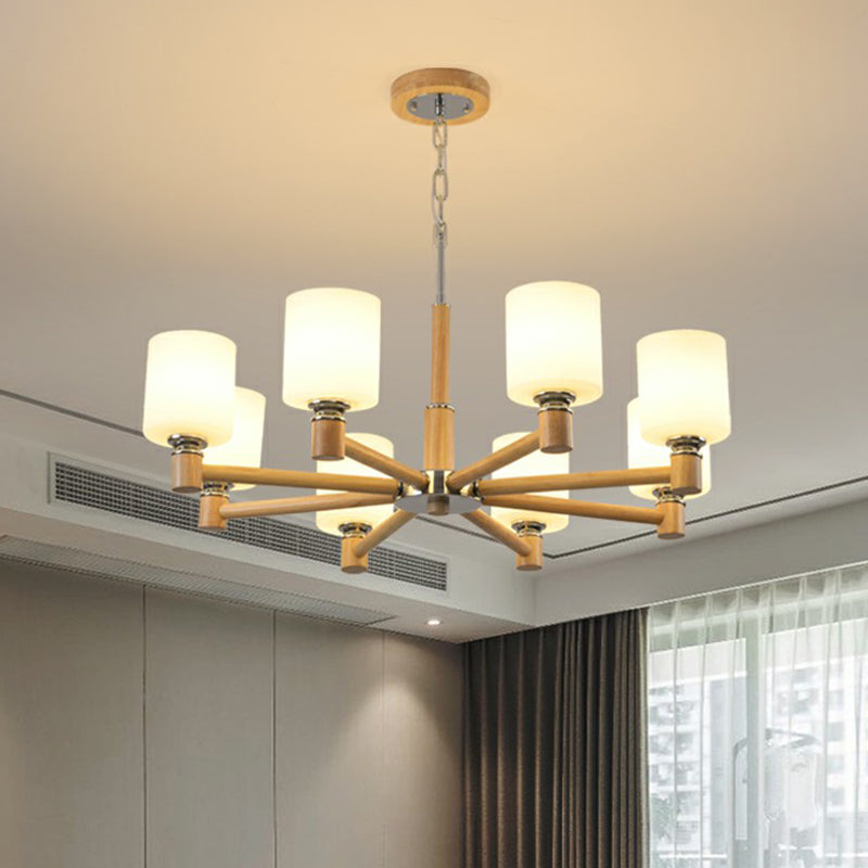 Minimalist White Glass Pendant Light for Bedroom with Wood Cylinder Ceiling Chandelier