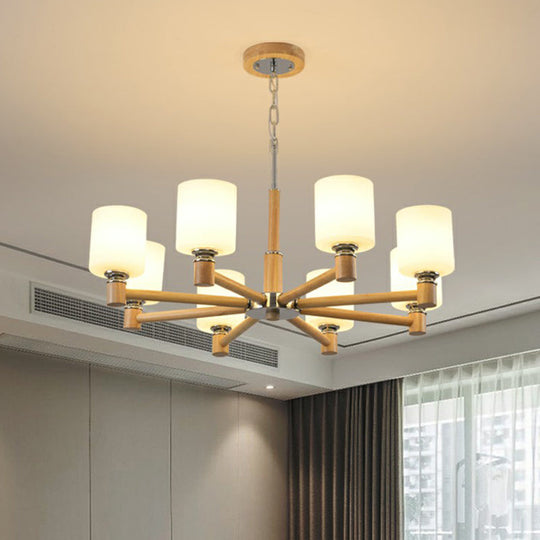 Minimalist White Glass Pendant Light for Bedroom with Wood Cylinder Ceiling Chandelier