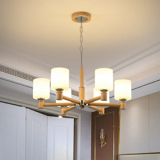 Minimalist White Glass Pendant Light for Bedroom with Wood Cylinder Ceiling Chandelier