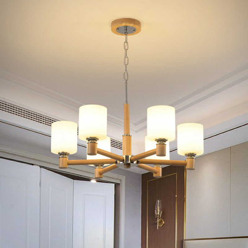Minimalist White Glass Pendant Light For Bedroom - Wood Cylinder Ceiling Chandelier 6 /