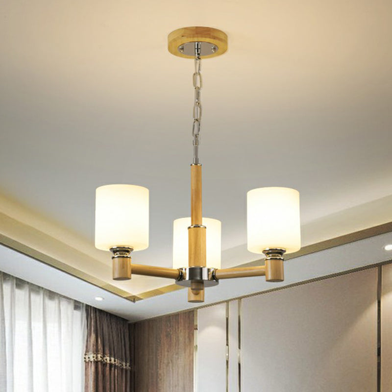 Minimalist White Glass Pendant Light For Bedroom - Wood Cylinder Ceiling Chandelier 3 /