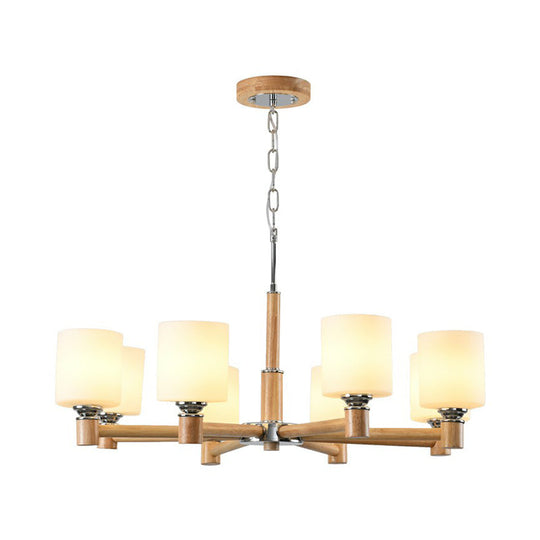 Minimalist White Glass Pendant Light for Bedroom with Wood Cylinder Ceiling Chandelier