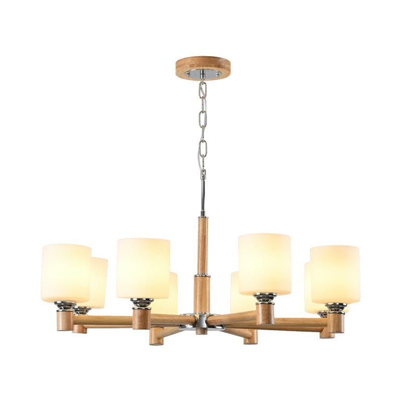 Minimalist White Glass Pendant Light For Bedroom - Wood Cylinder Ceiling Chandelier