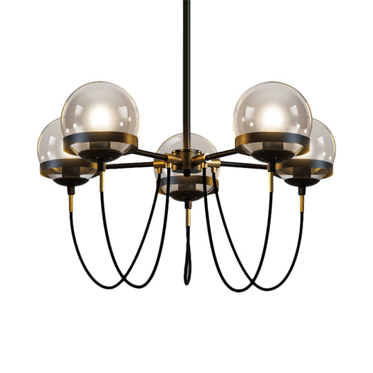 Modernist Multi-Light Pendant Chandelier: Global Clear Glass, Black/Gold, Inner Smoke Glass Ball Shade