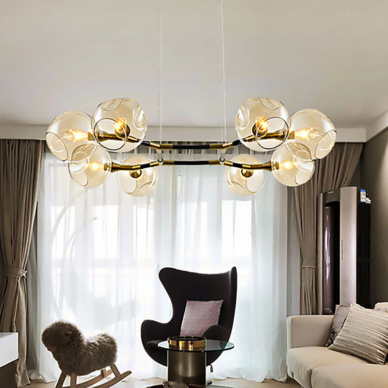 Modern Metal Branch Chandelier Pendant Lamp with Amber Glass Ball Shade