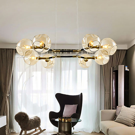 Modern Metal Branch Chandelier Pendant Lamp with Amber Glass Ball Shade