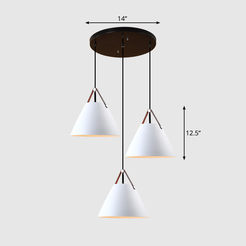 Nordic 3-Light Pendant Cluster With Conical Metal Shade & Leather Strap White / Round