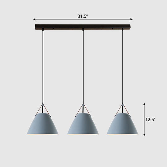 Nordic 3-Light Pendant Cluster With Conical Metal Shade & Leather Strap