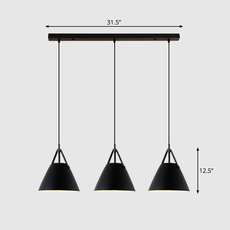 Nordic 3-Light Pendant Cluster With Conical Metal Shade & Leather Strap