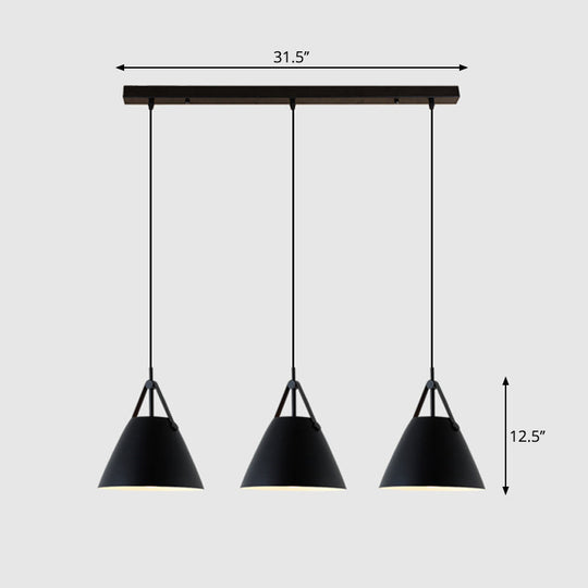 Nordic 3-Light Pendant Cluster With Conical Metal Shade & Leather Strap