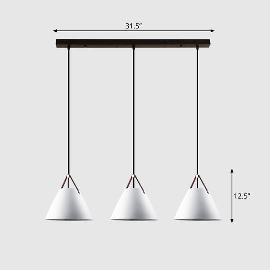 Nordic 3-Light Pendant Cluster With Conical Metal Shade & Leather Strap White / Linear