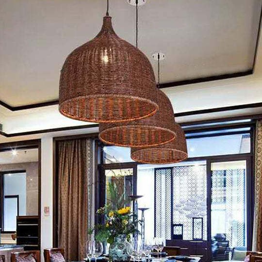 Asia Bamboo Hand-Braided Pendant Light Fixture - Exquisite 1 Bulb Restaurant Ceiling Lamp Coffee /
