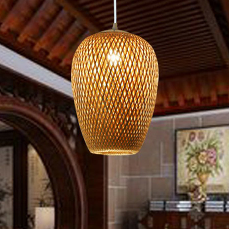 Chinese Hand-Woven Bamboo Pendant Light - Beige
