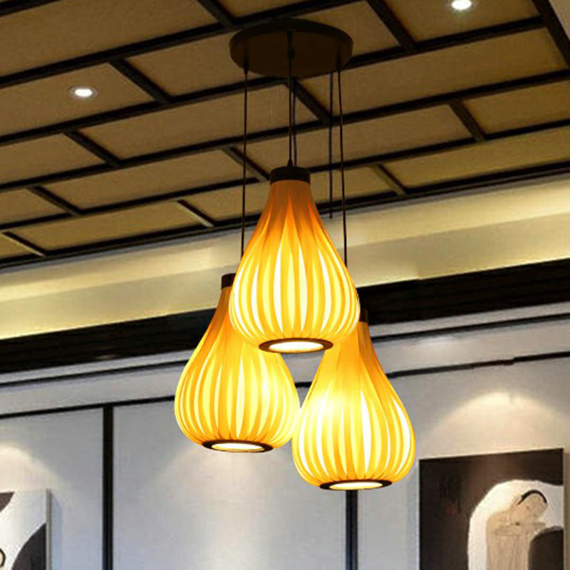 Asian Teardrop Pendant Light Trio - Wooden Cluster For Restaurant Ceilings
