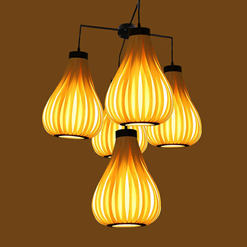 Asian Teardrop Pendant Light Trio - Wooden Cluster For Restaurant Ceilings