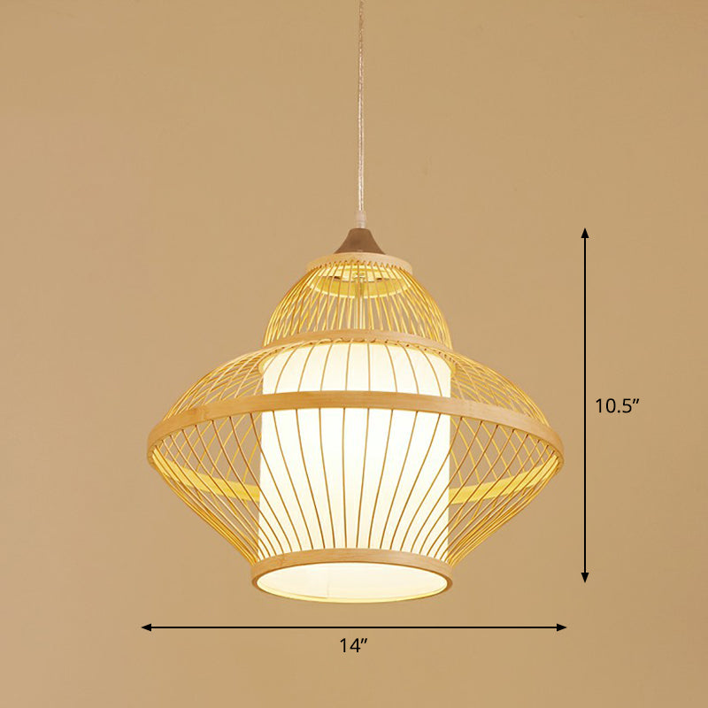 Bamboo Cage Pendant Light For Tearoom - Chinese Style 1 Bulb Beige