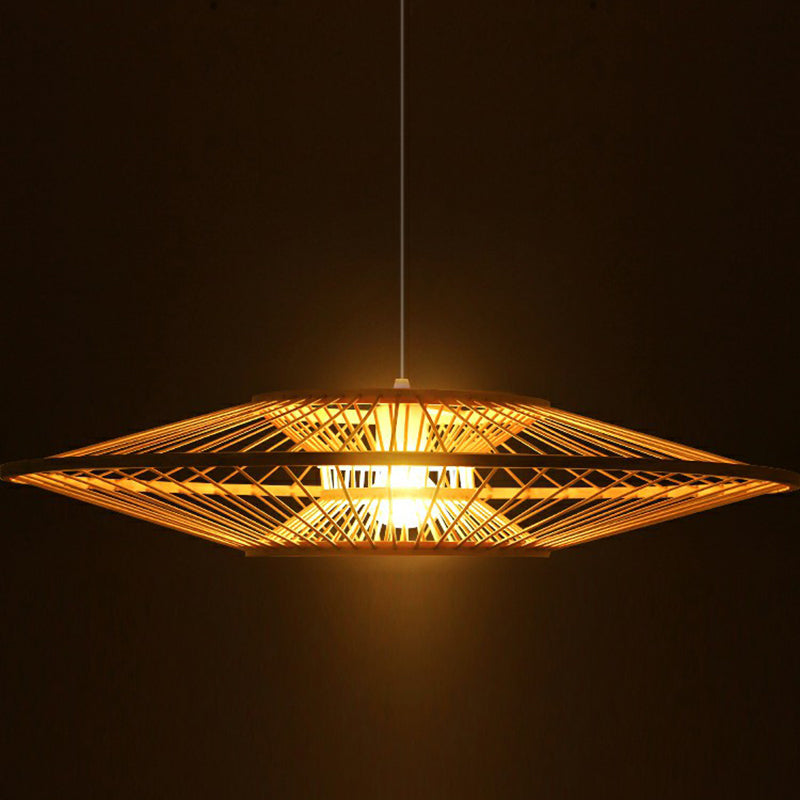 Modern Hand-Crafted Bamboo Ceiling Pendant Light With 1 Bulb - Beige Tearoom Drop Lamp