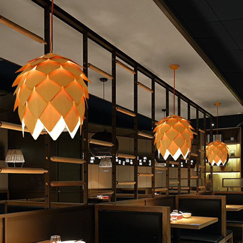 Nordic Wooden Hanging Lamp With Artichoke Design For Restaurants - 1 Head Pendant Light Fixture