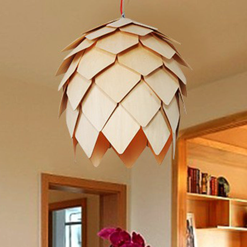 Nordic Wooden Hanging Lamp With Artichoke Design For Restaurants - 1 Head Pendant Light Fixture