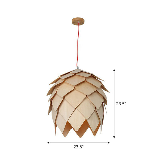 Nordic Wooden Hanging Lamp With Artichoke Design For Restaurants - 1 Head Pendant Light Fixture