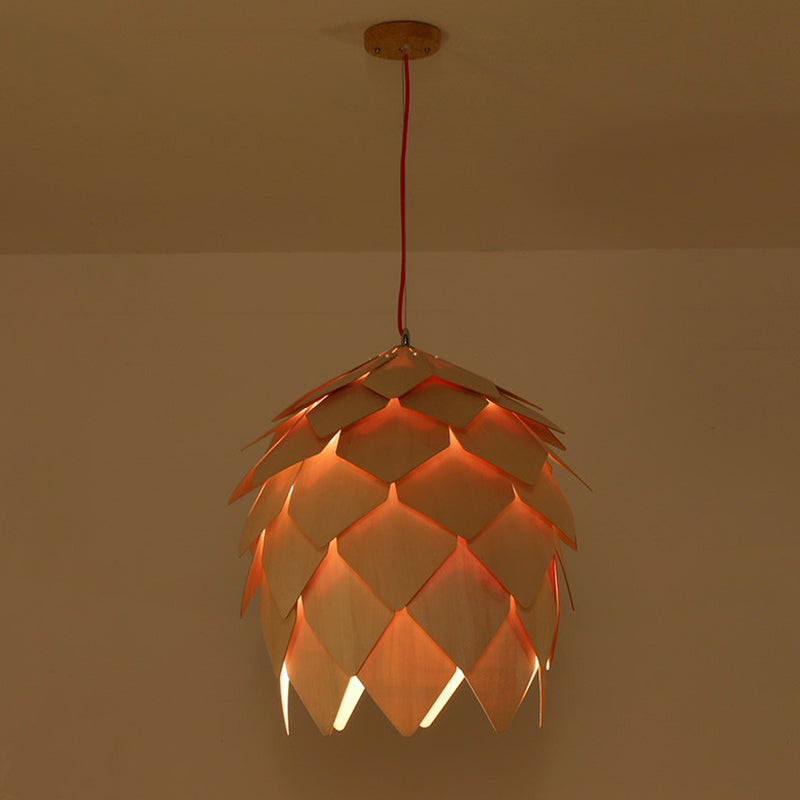 Nordic Wooden Hanging Lamp With Artichoke Design For Restaurants - 1 Head Pendant Light Fixture