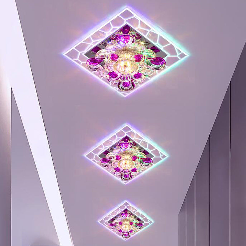 Contemporary Clear LED Crystal Ceiling Lamp for Hallway - Flower Square Flush Mount