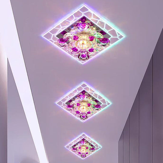 Contemporary Clear LED Crystal Ceiling Lamp for Hallway - Flower Square Flush Mount