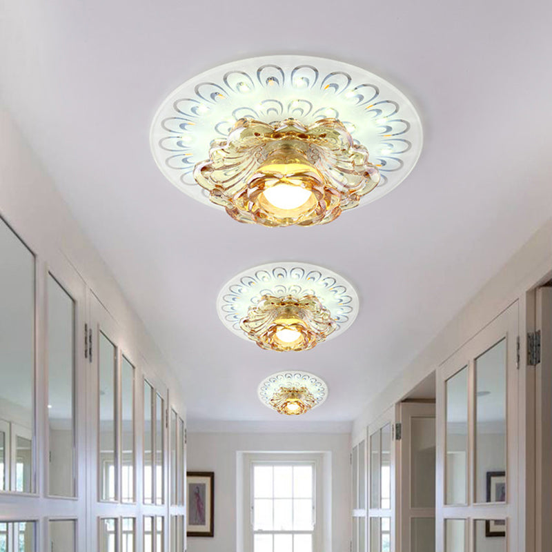 Modern Tan Crystal Flower LED Ceiling Light Fixture - White Flush Mount