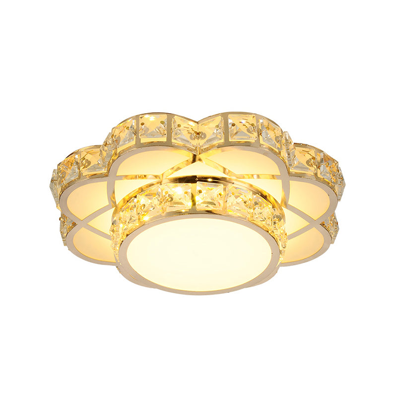 Led Flush-Mount Flower Ceiling Light With Gold Finish & Clear Crystal Shade - Modernist Design