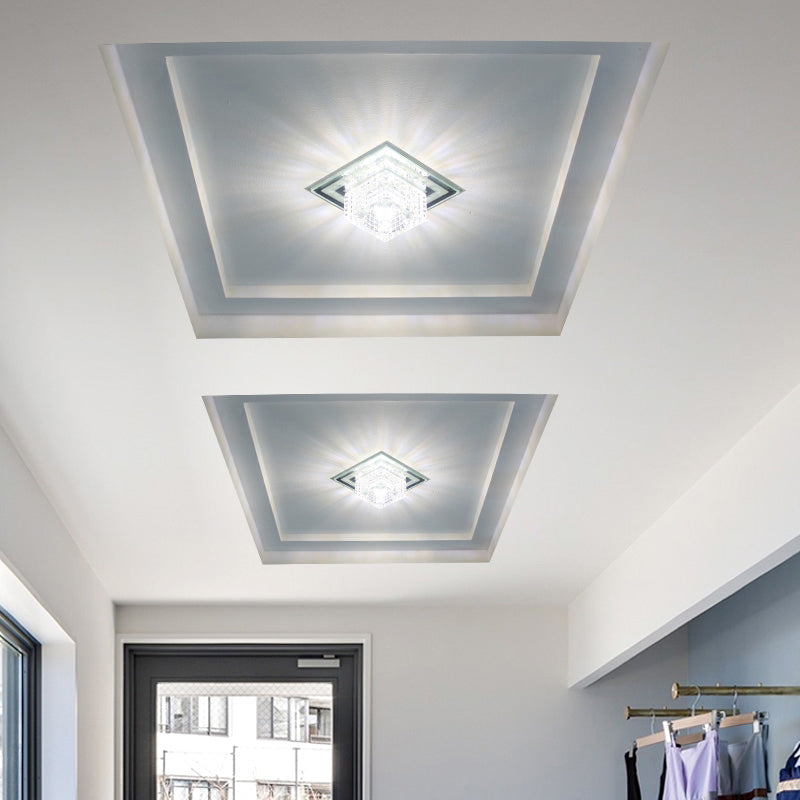 Modern Crystal LED Flush Mount Ceiling Light for Hallways - Square Lattice Cut Design in Clear