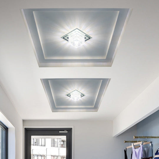 Modern Crystal Led Flush Mount Ceiling Light For Hallways - Square Lattice Cut Design In Clear /