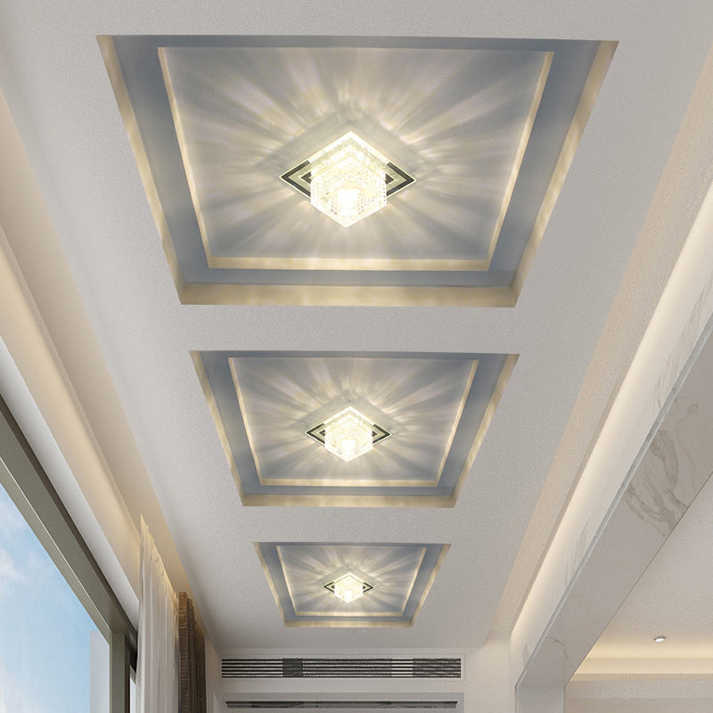 Modern Crystal LED Flush Mount Ceiling Light for Hallways - Square Lattice Cut Design in Clear