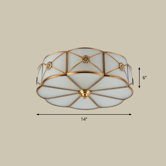 Antique White Glass Brass Flush-Mount Ceiling Light for Living Room with X-Brace and Floral Design