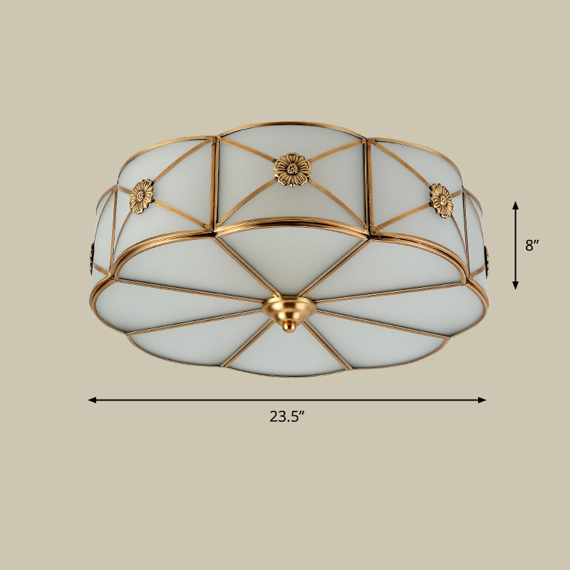 Antique White Glass Brass Flush-Mount Ceiling Light for Living Room with X-Brace and Floral Design