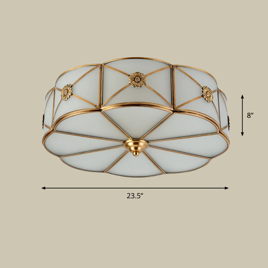 Antique White Glass Brass Flush-Mount Ceiling Light For Living Room With X-Brace And Floral Design 6