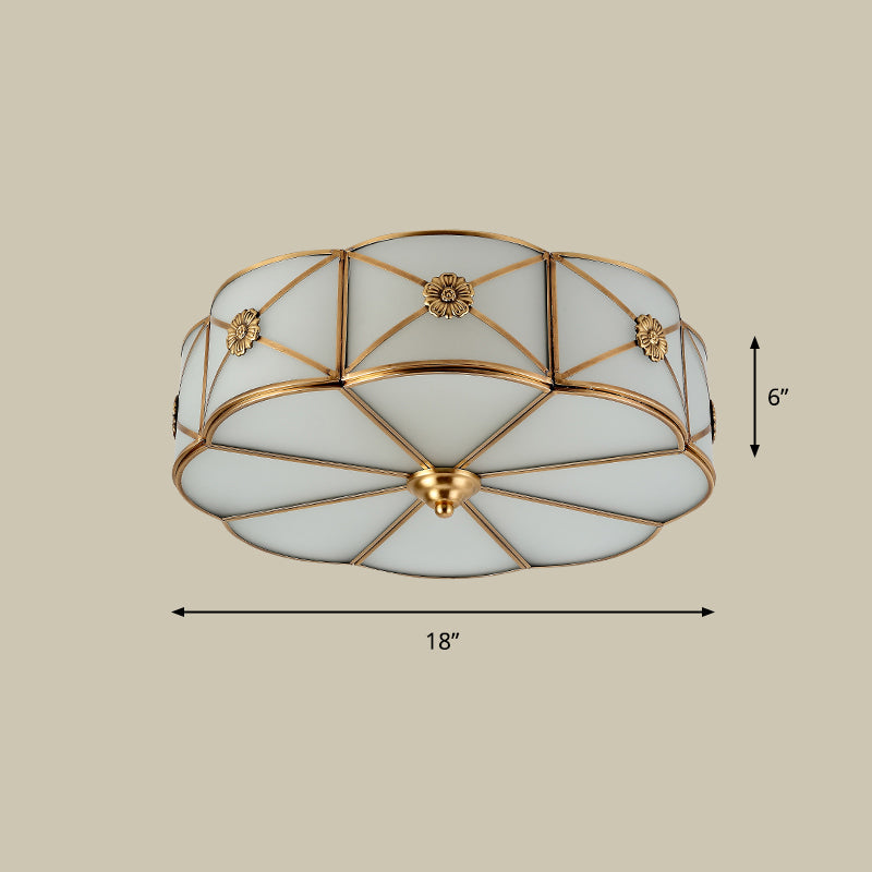 Antique White Glass Brass Flush-Mount Ceiling Light for Living Room with X-Brace and Floral Design
