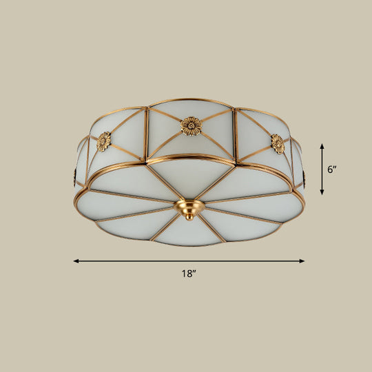Antique White Glass Brass Flush-Mount Ceiling Light for Living Room with X-Brace and Floral Design