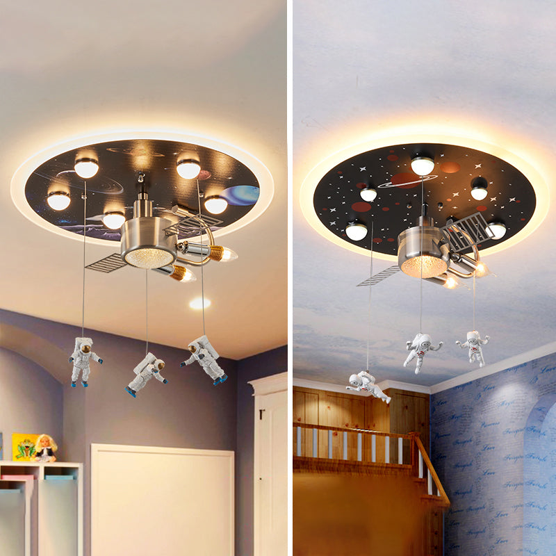Satellite Astronaut-Themed Metal Flushmount Ceiling Light With 3-Bulb For Childrens Room