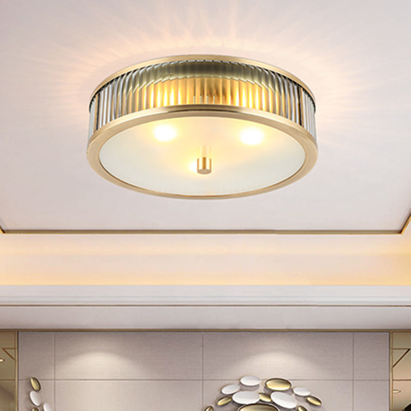 Modern Brass Flush Mount Ceiling Light – Simplicity Drum Shape, Ribbed Clear Glass for Bedroom