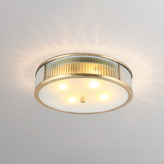 Modern Brass Flush Mount Ceiling Light – Simplicity Drum Shape, Ribbed Clear Glass for Bedroom