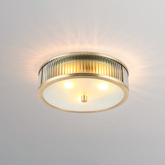 Modern Brass Flush Mount Ceiling Light – Simplicity Drum Shape, Ribbed Clear Glass for Bedroom
