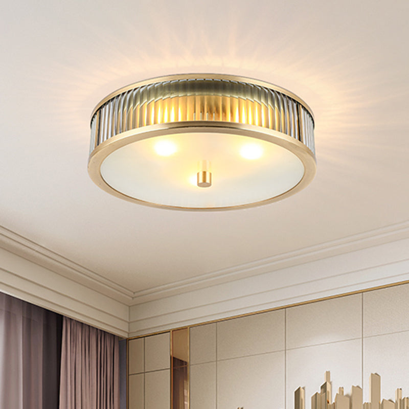 Modern Brass Flush Mount Ceiling Light Simplicity Drum Shape Ribbed Clear Glass For Bedroom