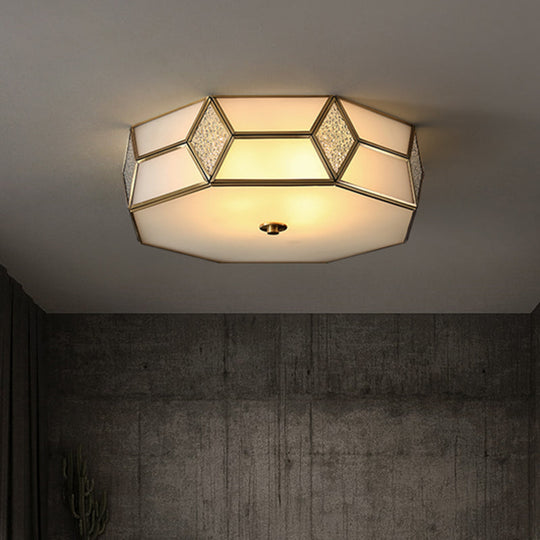Octagon Flush Mount Bedroom Ceiling Light Fixture with Minimalistic Textured White Glass and Brass Trim