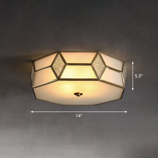 Octagon Flush Mount Bedroom Ceiling Light Fixture With Minimalistic Textured White Glass And Brass
