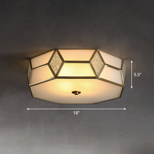 Octagon Flush Mount Bedroom Ceiling Light Fixture With Minimalistic Textured White Glass And Brass