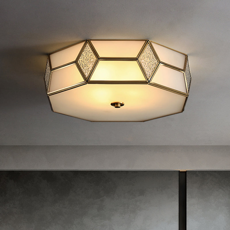 Octagon Flush Mount Bedroom Ceiling Light Fixture with Minimalistic Textured White Glass and Brass Trim
