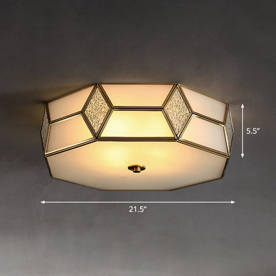 Octagon Flush Mount Bedroom Ceiling Light Fixture With Minimalistic Textured White Glass And Brass